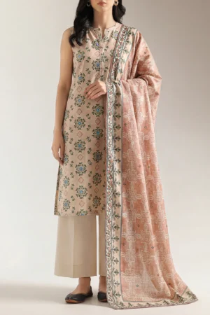 Unstitched Printed Lawn 3 Piece Suit – Cream