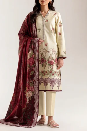 Unstitched Printed Lawn 3 Piece Suit – Cream