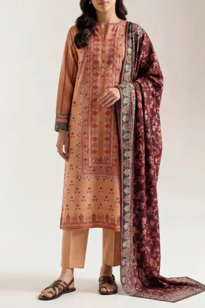 Unstitched Printed Lawn 3 Piece Suit – Beige